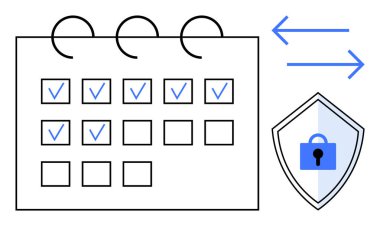 Kontrol işaretli takvim ızgarası, kilitlenmiş mavi kalkan, veri transferini gösteren oklar. Zaman yönetimi, siber güvenlik, planlama, veri bütünlüğü, iş akışı güvenli işlemler için ideal