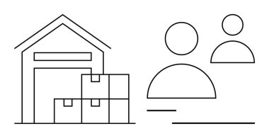 Soyut insan figürlerinin yanında istiflenmiş kutularla dolu bir depo. Ekibi ya da personel profillerini temsil ediyor. Lojistik, tedarik zinciri, takım çalışması, insan kaynakları, depolama çözümleri, iş yönetimi için ideal