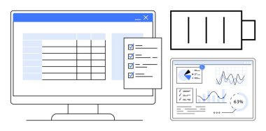 Masaüstü gösterim tablosu, işlem çizelgeleri, tamamlanmış görevlerle kontrol listesi ve pil simgesi. İş akışı yönetimi, üretkenlik, analitik, verimlilik ve enerji takibi için ideal