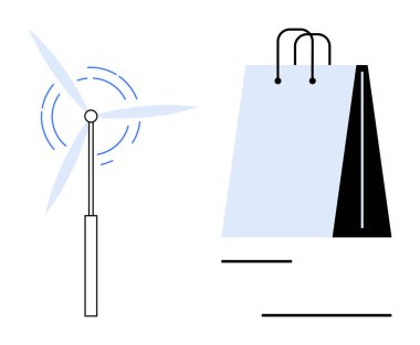Rüzgar türbini, çevre dostu bir alışveriş çantasının yanında enerji üretiyor. Sürdürülebilirlik, yenilenebilir enerji, çevre dostu yaşam, yeşil alışveriş, çevre bilinci, temiz teknoloji, düz yaşam