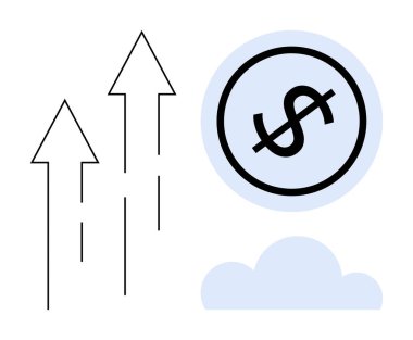 Mavi dairenin yanında yükselen oklar ve yumuşak bir bulutun üzerinde dolar işareti. Büyüme, finans, ticaret, başarı, yatırım, ekonomi ve strateji için idealdir. Düz basit metafor