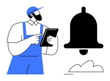 Başlık ve tulum giyen işçiler, büyük bir uyarı çanı simgesinin yakınındaki dijital bir tableti işaret ediyor. Teknoloji, alarmlar, otomasyon, dijital iletişim, görev yönetimi, sanayi süreçleri için ideal