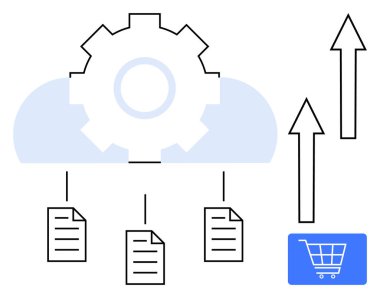 Bulut sıralama dosyalarının içinde elektronik ticaret artışı, yükselen satış okları ile bağlantılı. Otomasyon, bulut depolama, e-ticaret stratejisi, iş akışı optimizasyonu, analitik, dijital çözümler için ideal