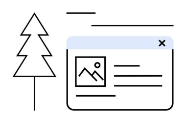 Basit bir ağaç çizimiyle eşleştirilmiş fotoğraf ve metin düzenine sahip bir web penceresi. Sürdürülebilirlik, çevre dostu teknoloji, dijital içerik, web sitesi tasarımı, çevre, temiz enerji, düz basit metafor