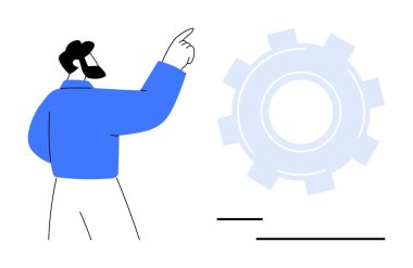 Bir dişli sembolüne doğru hareket eden adam, işbirliğini, iş akışını ve sistem optimizasyonunu simgeliyor. Takım çalışması, yenilik, teknoloji, strateji, üretkenlik mekaniği için ideal düz metafor