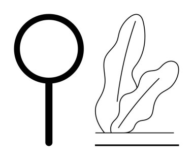 Yapraklı bitki çizimlerinin yanında büyüteç, keşfin ve büyümenin zıttıdır. Ekoloji, araştırma, öğrenme, sürdürülebilirlik, soruşturma, asgari sanat, düz basit metafor için ideal