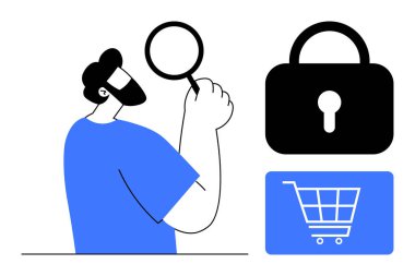 Elinde büyüteç tutan bir erkek figürü, asma kilit ve alışveriş arabası resimleriyle e-ticaret güvenliğini araştırıyor. Siber güvenlik, e-ticaret, gizlilik, analiz, araştırma, alışveriş, güven için ideal