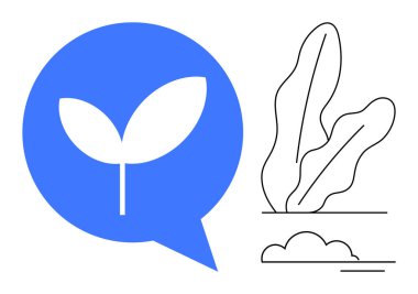 Mavi konuşma baloncuğunun içindeki yaprak büyümeyi veya sürdürülebilirliği temsil ediyor. Bitkilerin ana hatları doğayı vurgular. Çevre dostu mesajlaşma, sürdürülebilirlik, çevrecilik ve büyüme için ideal