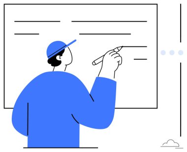 Mavi kıyafetli biri beyaz tahtaya yazı yazıyor. Metni simgeleyen satırlar var. Eğitim, takım çalışması, yaratıcılık, planlama, beyin fırtınası, hedef belirleme, organizasyon için ideal. Düz basit metafor