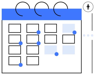 Olaylar için mavi noktalarla işaretlenmiş takvim ızgarası, yan çubukta zamanlamayı vurgulayan kullanıcı simgesi. Zaman yönetimi, planlama, görev organizasyonu, olay izleme, verimlilik, iş akışı, daire için ideal