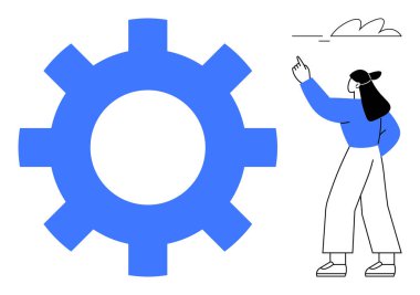 Gündelik kıyafetli kadın, işbirliğini, teknik çözümleri ve gelişmeyi temsil eden büyük mavi bir dişliyi işaret ediyor. Yenilik, strateji, takım çalışması, süreç optimizasyonu ve öğrenme için ideal