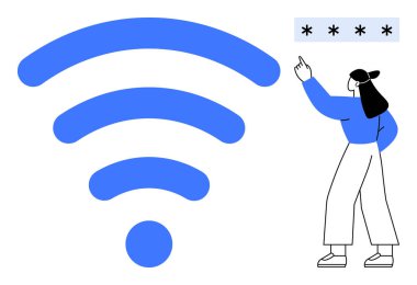 Ağ erişimi için şifre girilen kişinin yanında büyük mavi kablosuz sinyal simgesi. Bağlantı, internet, güvenlik, erişim, teknoloji, kablosuz iletişim, dijital yaşam için ideal. Düz