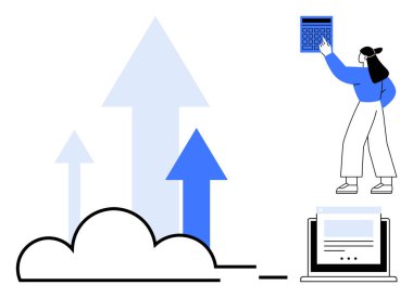 Oklar bulut hesaplaması yoluyla büyümeyi sembolize eder. Kadın dizüstü bilgisayarın yanında hesap makinesi kullanıyor. İş, teknoloji, yenilik, ilerleme, analitik, üretkenlik stratejisi için idealdir. Düz