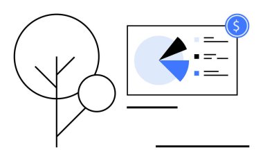 Turta grafiği ve dolar tabelasıyla finansal rapora bağlı bir ağaç diyagramı. Sürdürülebilirlik, iş büyümesi, eko-ekonomi, çevre yönetimi, mali planlama, teknoloji için ideal