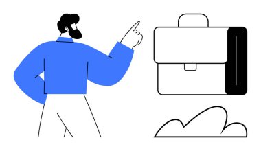 Bir adam evrak çantasını işaret ederek kariyer hedeflerini, iş fırsatlarını ve kişisel gelişimi sembolize ediyor. Liderlik, iş, kariyer planlaması, rehberlik, karar verme profesyonelliği için ideal daire