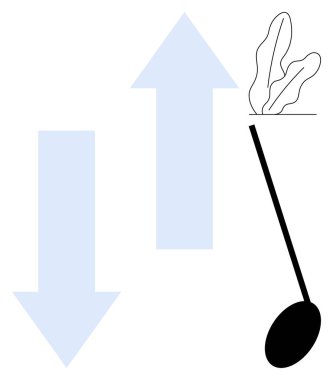 Kalın oklar kaşık ve yapraklarla yukarı ve aşağı işaret ederek zıt yönlere, seçimlere ve darbelere vurgu yapar. Sağlık, beslenme, strateji, kararlar ve alışkanlıklar için ideal ilerleme temaları. Düz