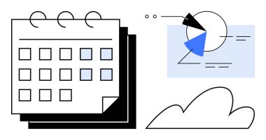 Spiral bağlayıcı takvim, analitik segmentli pasta grafiği ve bulut elementi. Planlama, zamanlama, veri analizi, bulut hesaplaması, üretkenlik, tahmin ve iş stratejisi için ideal