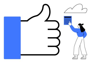 Yüzen bir bulutun altında tuşlara basan bir kadınla büyük baş parmak hareketi ve hesap makinesi. Onay, üretkenlik, teknoloji, destek, problem çözme, güvenilirlik, karar verme