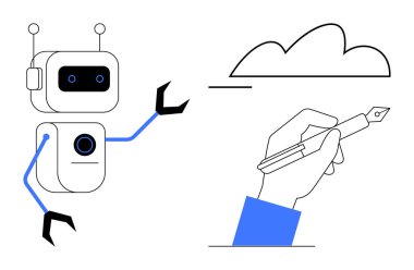 Robot kollu robot kalem tutan, bulut çizgisi çizen. Yenilik için ideal, yapay zeka, yaratıcılık, sanat, teknoloji, tasarım dijital işbirliği. Düz basit metafor
