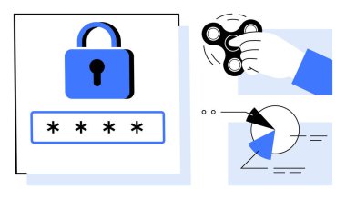 Şifre girdisi ile kilitleme güvenliği vurgular, el ele tutuşması çevirici odak kavramı ekler ve grafik veri analizini ön plana çıkarır. Siber güvenlik, analitik, odaklanma, gizlilik, takım çalışması için ideal