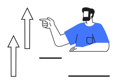 İşaret parmağıyla işaret eden bir adam, yükselen okları gösteriyor. Temalar için ideal liderlik, büyüme, iş başarısı, rehberlik, motivasyon, kariyer ilerlemesi, stratejik planlama