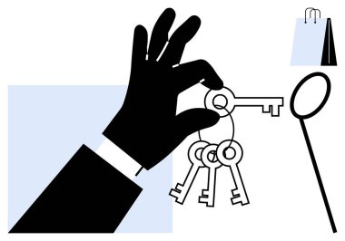 Anahtarlı eldiven, büyüteç ve güvenlik, karar verme, erişim, arama, sorumluluk, ticari mülkiyeti simgeleyen alışveriş çantası. Güven perakende değerlendirme araştırması için ideal