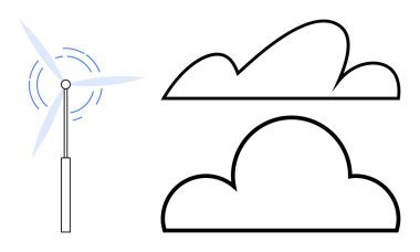 Hareket halindeki rüzgar türbini, temiz enerjiyi, sürdürülebilirliği ve yenilenebilir kaynakları simgeleyen iki ana hatlı bulutla birlikte. Çevre, iklim değişikliği eylemi, teknoloji, yeşil enerji ve ekoloji için ideal