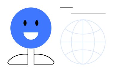 Minimalist dünya çizgisi ve basit çizgilerin yanında parlak mavi bir gülen yüz. İletişim için ideal, küresel çözümler, bağlantı, pozitiflik, uluslararası takım çalışması, yenilik, düz basit