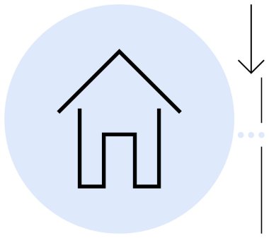 Mavi dairenin içinde noktalı çizgi ve okla tamamlanmış basit ev geometrisi. Mimari, ev tasarımı, navigasyon, basitlik, istikrar, sürdürülebilirlik yönü için ideal. Düz basit