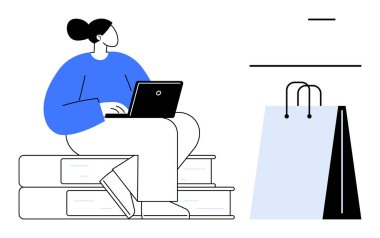 Dizüstü bilgisayarda çalışan bir kadın yanında alışveriş torbalarıyla kitap yığını üzerinde oturuyor. Eğitim için ideal, çevrimiçi alışveriş, e-ticaret, dijital öğrenme, uzaktan çalışma, serbest minimalizm. Düz
