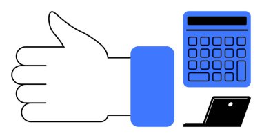 Basitleştirilmiş hesap makinesi ve dizüstü bilgisayarın yanında el çabukluğu. Üretkenlik, başarı, olumlu geri bildirim, finans, teknoloji, onay, takım çalışması için ideal. Düz basit metafor