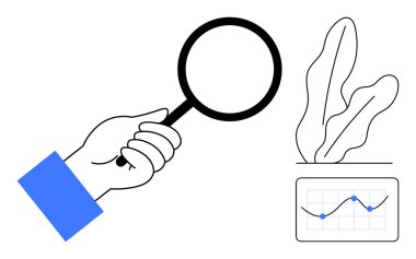 Minimalist bitkinin yanındaki büyüme grafiğini incelemek için büyüteç kullanan el. Analiz, veri araştırması, büyüme izleme, iş stratejisi, keşif, eğilimler için ideal, düz basit metafor