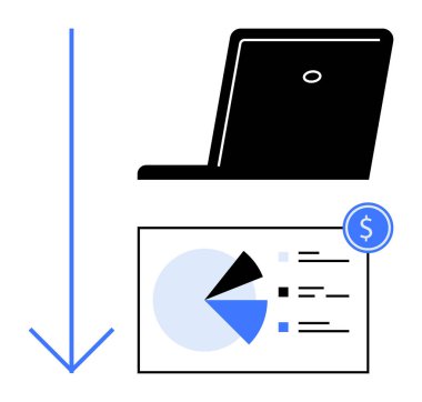 Grafik üzerinde dizüstü bilgisayarda pasta grafiği, indirmeyi gösteren ok, finansal verileri vurgulayan dolar simgesi. Teknoloji, finans, analitik, iş, veri görselleştirme, üretkenlik düzlüğü için ideal