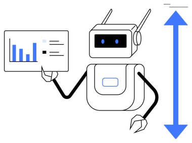 Robot grafik çizelgesi ve dikey ok ilerlemeyi gösteriyor. Yapay zeka, teknoloji, yenilik, otomasyon, büyüme, verimlilik ve veri analizi için idealdir. Düz basit metafor