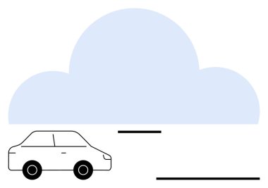 Minimalist, geniş bir bulutun altında, teknolojiyi, güvenliği ve çevre dostluğunu vurgulayan kompakt bir araba. Ulaşım, seyahat, çevre, bulut teknolojisi, hava durumu, yenilik veya
