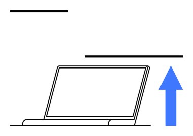 Temiz çizgiler ve yukarı bakan kalın mavi okla dizüstü bilgisayarı aç. Büyüme, teknoloji, yenilik, üretkenlik, ilerleme, dijital araçlar, çevrimiçi başarı için ideal. Düz basit metafor