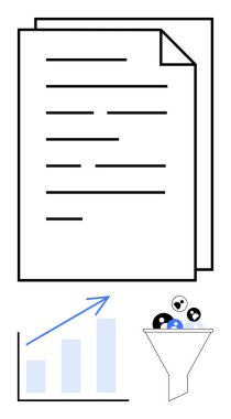 İçerik çizgileri olan dokümanlar, yukarı doğru oklu bar çizelgesi, çeşitli girdiler toplayan huni. Analiz, iş stratejisi, veri akışı, pazarlama, verimlilik eğilimleri büyümesi için idealdir. Düz basit