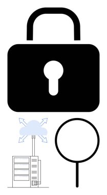 Güvenliği simgeleyen kilitle, bir sunucuya bağlı bulut ve veri aramasını temsil eden büyüteç. Güvenlik, bulut hesaplama, veri yönetimi, gizlilik, analiz, teknoloji dairesi için ideal