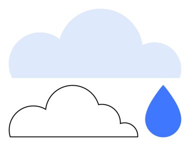 Mavi bulut silueti, çizilmiş bulut, ve tek mavi yağmur damlası hava, doğa, basitlik, sürdürülebilirlik, iklim, su koruma. Eğitim için ideal farkındalık uygulamaları iletişimi sağlar