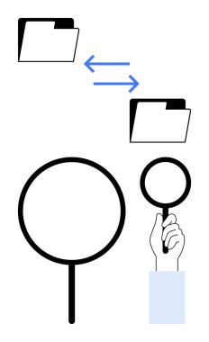 Elle tutulan bir büyüteçle vurgulanan veri transferini sembolize eden oklarla bağlanmış iki klasör. Analiz, araştırma, veri paylaşımı, iletişim, bilgi alışverişi, dosya için ideal