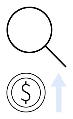 Büyüteç, dolar sikke, yukarı doğru ok finansal analitiği, büyümeyi, parayı, başarıyı, zenginliği, gelişim fırsatını temsil ediyor. İş yatırım stratejisi için ideal ilerleme