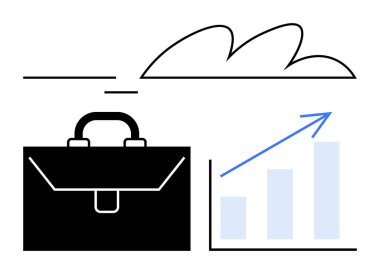Evrak çantası, yukarı doğru ok ve soyut bulut çizelgesi. Ticari başarı, kariyer büyümesi, planlama, finansal ilerleme, yatırım liderliği yeniliği için ideal. Düz basit metafor