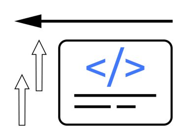 Yukarı ve ileri oklarla çevrili mavi kodlama etiketleri, kodlamayı, ilerlemeyi ve yönü sembolize ediyor. Programlama, geliştirme, navigasyon, problem çözme büyümesi ve takım çalışması için ideal. Düz