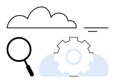 Büyüteç, bulut ve ekipman teknoloji, altyapı ve veri analizini sembolize ediyor. Dijital dönüşüm, bulut teknolojisi, veri işleme, teknolojik yenilik bilişim çözümleri sistemi için ideal