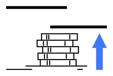 Yığılmış kitaplar bilgiyi veya eğitimi temsil ederken, yukarı bakan mavi bir ok ilerlemeyi, büyümeyi veya yeniliği sembolize eder. Eğitim, bilgi, başarı, kalkınma, iyileştirme için ideal
