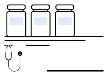 Alt rafta steteskopla dizilmiş üç ilaç şişesi, basit bir metaforda tıbbi bakım, eczane, sağlık, tedavi, bilim, önleme ve teşhisi sembolize ediyor.