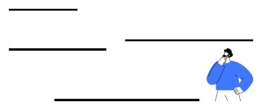 Mavi kazaklı şahıs farklı uzunluktaki yatay çizgilerin arasında kafa yoruyor. Fikir keşfi, analiz, problem çözme, karar verme, yaratıcılık, strateji, odaklanma için idealdir. Düz basit
