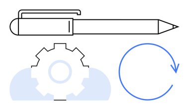 Kalem, yaratıcılığı dişli ve dairesel okla sembolize eder. Yenilik, ilerleme ve döngüsel süreçleri temsil eder. Tasarım, öğrenme, iş akışı verimliliği, ürün geliştirme ve planlama için ideal. Düz