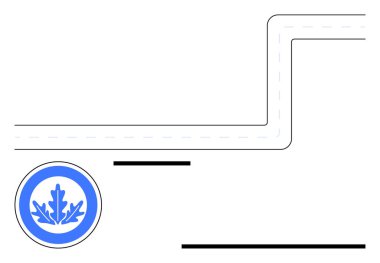 Yol, mavi bir yaprak amblemi boyunca keskin bir açıyla dönüyor. Navigasyon için ideal, sürdürülebilirlik, çevre dostu tasarım, ulaşım, yollar, planlama, düz basit metafor