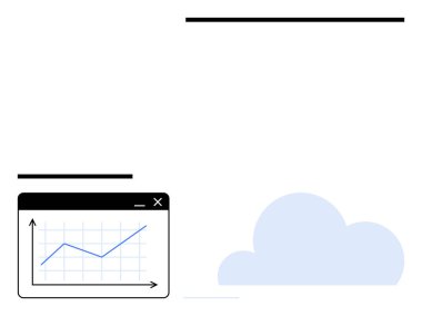 Mavi bir bulut simgesinin yanındaki web tarayıcı penceresinde yükselen çizgi çizelgesi, bulut veri depolama, analitik, büyüme eğilimleri ve teknoloji entegrasyonunu sembolize ediyor. İş, bilişim, yenilik ve finans için ideal